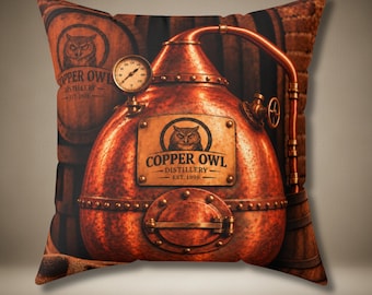 Copper Owl Distillery Throw Pillow | Rustic Whiskey Decor | Double-Sided Copper Still & Distillery Sign Art | Home Bar Gift