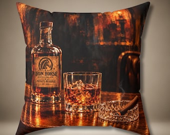 Whiskey Barrel Throw Pillow | Rustic Distillery Decor | Double-Sided Whiskey Bottle & Cigar Art | Gift for Whiskey Lovers