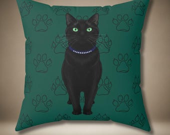 Green Jeweled Black Cat Throw Pillow | Funny Feline Decor | Unique Gift for Cat Lovers, Pet Owners, and Quirky Aesthetic Home Accents