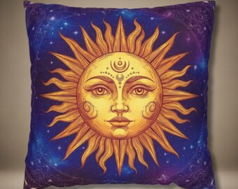 Celestial Sun & Moon Throw Pillow, Mystical Zodiac Art, Unique Gift for Astrology Lovers, Spiritual Seekers, and Celestial Decor Enthusiasts