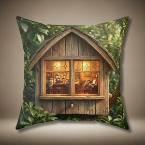 May include: Cushion with a charming illustration of a wooden birdhouse, with birds inside enjoying a bar and piano. The birdhouse is set against a backdrop of green foliage, creating a whimsical and inviting scene. A decorative item for the home.