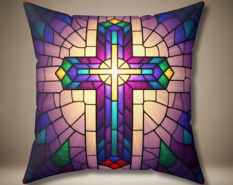 Stained Glass Cross Throw Pillow | Purple Jewel Tone Christian Decor | Unique Gift for Faith-Based Homes, Pastors, and Spiritual Accents