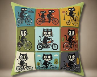 Cycling Cat Throw Pillow | Retro Bicycle Cat Art | Tick Tock Cycle Club Decor | Cute Cyclist Gift | Mid-Century Style Cat Pillow