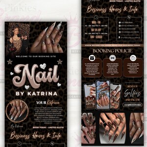 Puede incluir: Un folleto promocional para un sal&oacute;n de u&ntilde;as, con un fondo de estampado de leopardo e im&aacute;genes de u&ntilde;as manicuradas. El folleto incluye el nombre del sal&oacute;n, "Nail by Katrina", el horario comercial, las pol&iacute;ticas de reserva y la informaci&oacute;n de contacto.