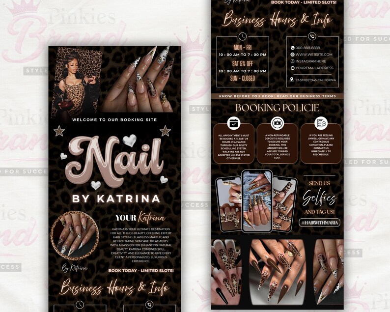 Puede incluir: Un folleto promocional para un sal&oacute;n de u&ntilde;as, con un fondo de estampado de leopardo e im&aacute;genes de u&ntilde;as manicuradas. El folleto incluye el nombre del sal&oacute;n, "Nail by Katrina", el horario comercial, las pol&iacute;ticas de reserva y la informaci&oacute;n de contacto.