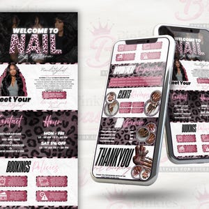 Puede incluir: Una plantilla de marketing digital para estilista de u&ntilde;as con un dise&ntilde;o de estampado de leopardo rosa y negro. El dise&ntilde;o incluye secciones para informaci&oacute;n de contacto, horarios, pol&iacute;ticas de reserva, rese&ntilde;as y servicios con texto.
