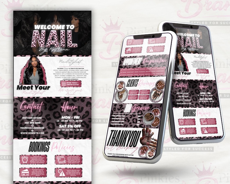 Puede incluir: Una plantilla de marketing digital para estilista de u&ntilde;as con un dise&ntilde;o de estampado de leopardo rosa y negro. El dise&ntilde;o incluye secciones para informaci&oacute;n de contacto, horarios, pol&iacute;ticas de reserva, rese&ntilde;as y servicios con texto.