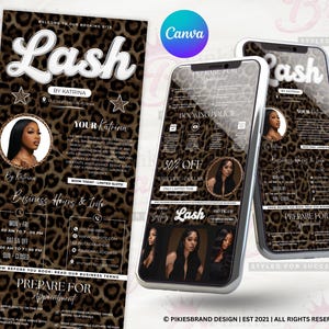 May include: A promotional design for a lash business, featuring a leopard print background and the business name "Lash" in a stylized font. The design includes a portrait of a woman, business hours, and booking information.