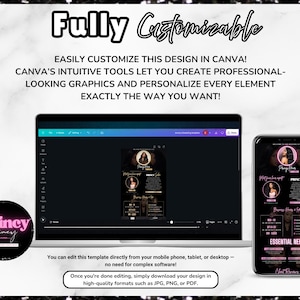 May include: A digital design template shown on a laptop and smartphone. The template has a black and pink colour scheme with the text "Fully Customizable" and "Princy Finey". The design is editable in Canva and downloadable in JPG, PNG, or PDF formats.