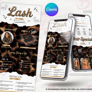 May include: A promotional flyer and two smartphone screens showcasing a beauty salon's services. The flyer and screens feature a leopard print design, the word "Lash," and images of hair styles. The flyer includes business hours and contact information.