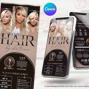 Puede incluir: Gráfico promocional para un salón de belleza, con una pancarta y dos maquetas de teléfonos inteligentes. La pancarta muestra el texto "HAIR by Katrina" con imágenes de una mujer rubia. Los teléfonos inteligentes muestran información de reserva.