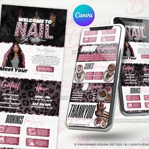 May include: A digital marketing flyer and two smartphone screens displaying a nail salon business template. The design features a pink and black leopard print pattern, text including Welcome to Nail, Meet Your Nail Stylist, and Booking Policies.
