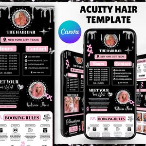 May include: Acuity Hair Template design on a black background. The design includes the text "THE HAIR BAR" and contact information. The template is displayed on a phone screen and includes pink accents and a photo of a woman with pink hair.
