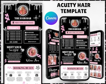 May include: Acuity Hair Template design on a black background. The design includes the text "THE HAIR BAR" and contact information. The template is displayed on a phone screen and includes pink accents and a photo of a woman with pink hair.