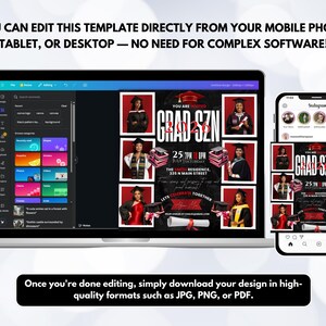 May include: A laptop and smartphone displaying a graduation announcement template. The design features photos of graduates, the text "GRAD SZN 2026", event details, and the phrase "Let's Celebrate Together". The image also includes instructions.