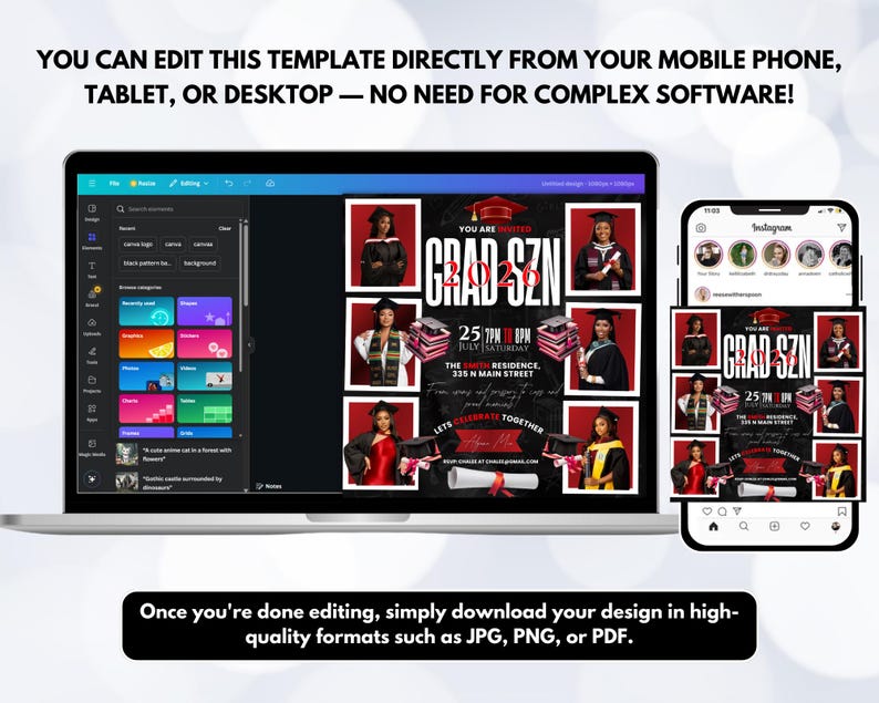 May include: A laptop and smartphone displaying a graduation announcement template. The design features photos of graduates, the text "GRAD SZN 2026", event details, and the phrase "Let's Celebrate Together". The image also includes instructions.