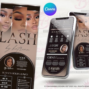 May include: A promotional graphic for "Lash by Katrina" featuring a light brown and black design. The design includes images of a woman with long eyelashes, the business name, and booking information. The graphic is displayed on a phone and a vertical poster.