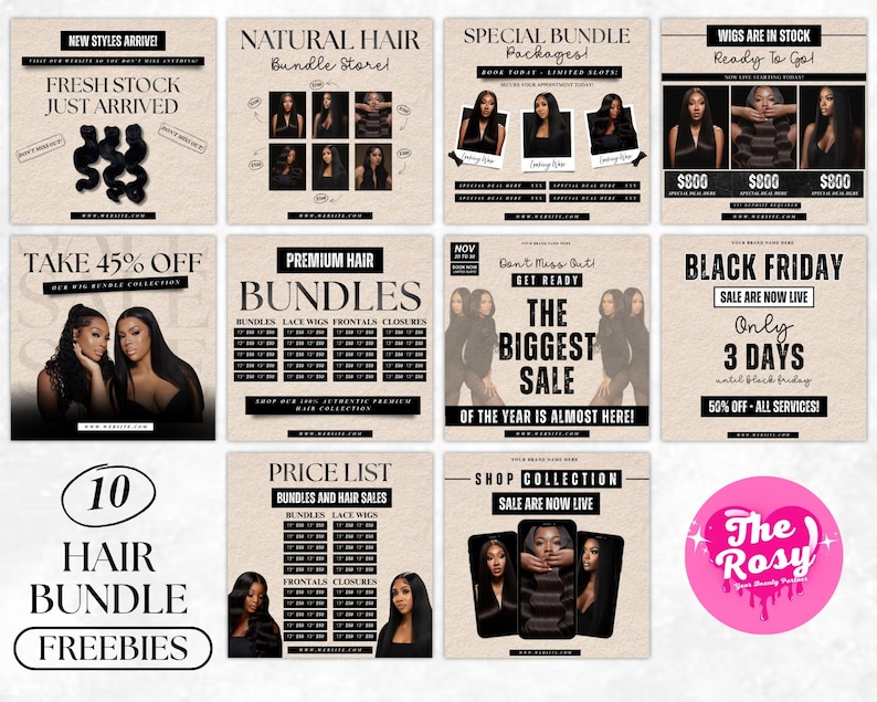 May include: A collection of ten social media templates for a hair business, featuring beige backgrounds with black text and graphics. The designs include promotional text, price lists for hair bundles and lace wigs, and images of individuals.