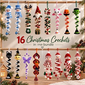 May include: A collection of 16 hanging crochet ornaments featuring various holiday and seasonal characters like snowmen, reindeer, gnomes, and witches, each with a spiraling body design. The text 16 Christmas Crochets in one bundle is centered.