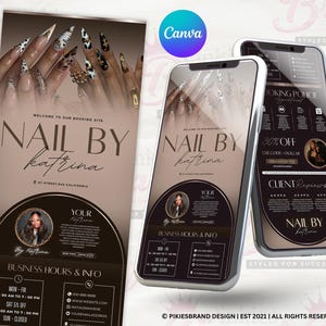 May include: A promotional flyer and two smartphones displaying a nail salon advertisement. The flyer and phone screens feature the text "NAIL BY Katrina" in a stylish font, with business hours and contact information. The flyer also showcases manicured nails.