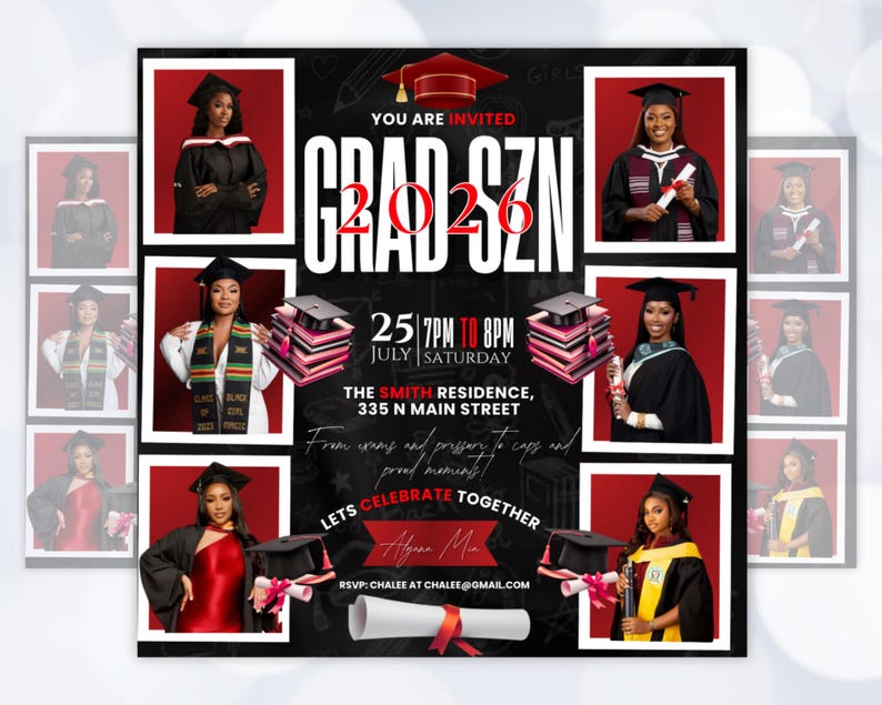 May include: A graduation announcement with a black background and red accents. The words "GRAD SZN 2026" are prominently displayed. The invitation includes photos of graduates, event details, and the text "LETS CELEBRATE TOGETHER".