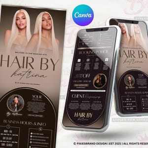 May include: A promotional flyer and two smartphone mockups for a hair salon. The flyer features two women with blonde hair, the text "Hair by Katrina," and business information. The smartphones display booking policies and client reviews.