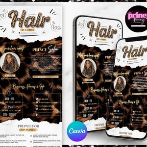 May include: A promotional flyer and two smartphone screens display a hair salon advertisement. The design features a leopard print background, gold text, and a photo of a woman. The flyer and screens showcase salon services, hours, and contact information.