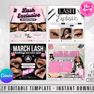 Pode incluir: Quatro folhetos promocionais para serviços de pestanas, com o texto "Lash Exclusive" e "March Lash". Os designs incorporam imagens de pestanas e ferramentas de beleza, com esquemas de cores rosa e preto. O logótipo Canva também é visível.