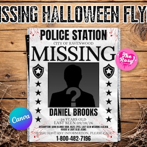Redigerbar affischmall för försvunnen person, skylt för Halloween-mysteriefest, gör-det-själv-flyer för försvunnen person, Canva-mall för detektiv- eller efterlysningsfest
