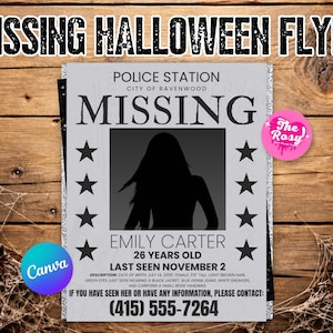 Redigerbar affischmall för försvunnen person, skylt för Halloween-mysteriefest, gör-det-själv-flyer för försvunnen person, Canva-mall för detektiv- eller efterlysningsfest