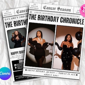 May include: Two black and white newspaper-style birthday invitations. The headline reads "THE BIRTHDAY CHRONICLE" with photos of a woman in a black dress. Text includes "HAPPY BIRTHDAY" and event details. The Canva and The Rosy logos are visible.
