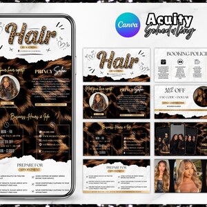May include: A digital marketing graphic for a hair salon, featuring a leopard print design. The design includes the salon's name, "Hair by Katrina," and information about booking policies and business hours. The graphic is displayed on a smartphone.