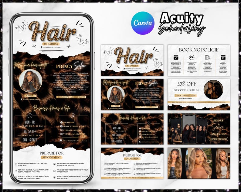 May include: A digital marketing graphic for a hair salon, featuring a leopard print design. The design includes the salon's name, "Hair by Katrina," and information about booking policies and business hours. The graphic is displayed on a smartphone.