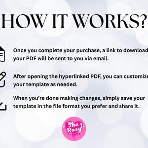 May include: Image with the text "HOW IT WORKS?" and instructions for downloading and customizing a PDF template. The steps include completing a purchase, receiving a link, customizing the template, and saving the file.