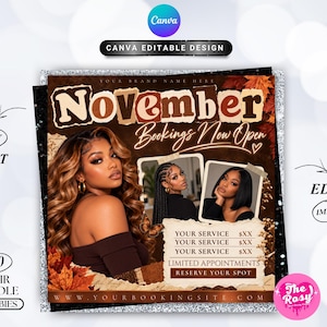 May include: A digital flyer template featuring the text November Bookings Now Open, with three photos of individuals with various hairstyles, autumn leaf graphics, and placeholders for service names and prices, all set against a dark brown background.