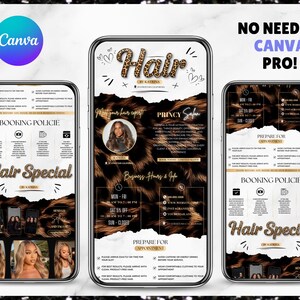 May include: Digital advertisement for a hair salon, displayed on three smartphone screens. The design features a leopard print background, with text that reads "Hair Special" and "No Need to Canva Pro!"