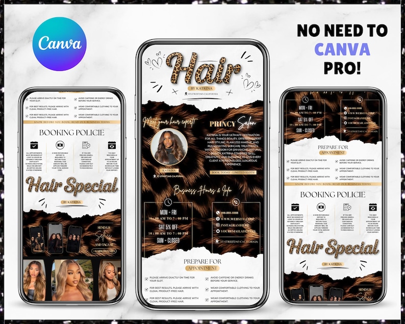 May include: Digital advertisement for a hair salon, displayed on three smartphone screens. The design features a leopard print background, with text that reads "Hair Special" and "No Need to Canva Pro!"