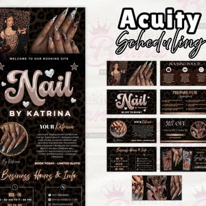 Puede incluir: Gr&aacute;fico promocional para un sal&oacute;n de u&ntilde;as, con el texto "Nail by Katrina" en una fuente elegante. El dise&ntilde;o incluye im&aacute;genes de u&ntilde;as con manicura, un fondo de estampado de leopardo y el texto "Acuity Scheduling."