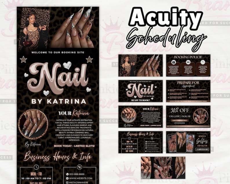 Puede incluir: Gr&aacute;fico promocional para un sal&oacute;n de u&ntilde;as, con el texto "Nail by Katrina" en una fuente elegante. El dise&ntilde;o incluye im&aacute;genes de u&ntilde;as con manicura, un fondo de estampado de leopardo y el texto "Acuity Scheduling."