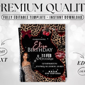May include: A digital invitation template with a leopard print background and a black heart-shaped design. The invitation includes text that reads "Eliza Birthday" and event details. The words "Premium Quality" and "Fully Editable Template - Instant Download" are also visible.