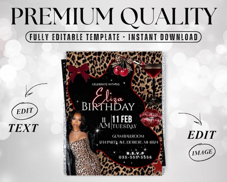 May include: A digital invitation template with a leopard print background and a black heart-shaped design. The invitation includes text that reads "Eliza Birthday" and event details. The words "Premium Quality" and "Fully Editable Template - Instant Download" are also visible.