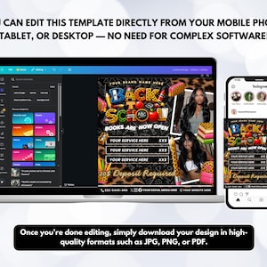 May include: A digital marketing template displayed on a laptop and smartphone screen featuring a Back to School theme with leopard print accents, school supplies, and placeholders for service listings, pricing, and social media contact information.