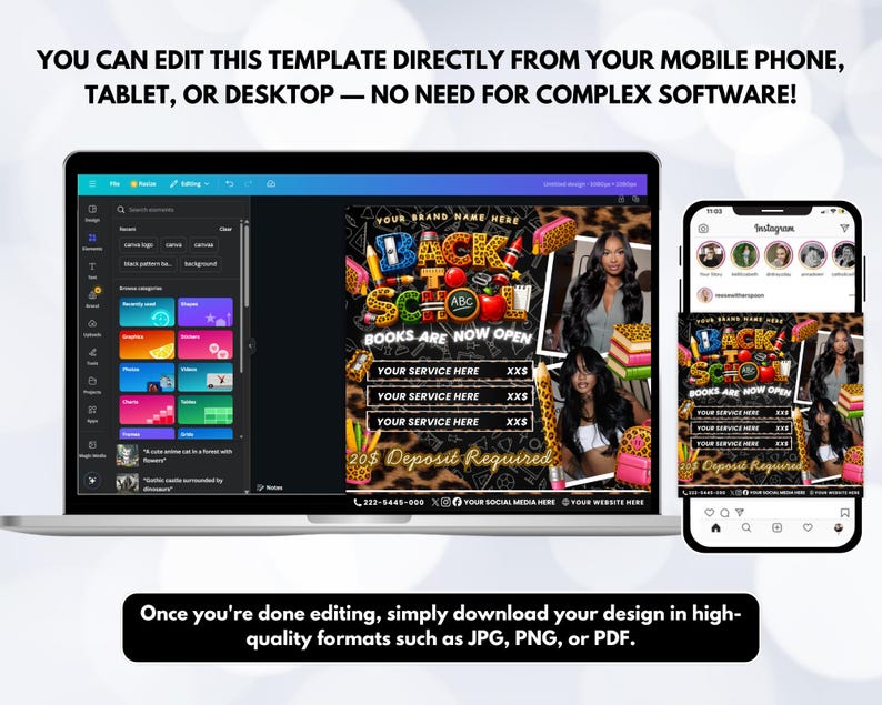 May include: A digital marketing template displayed on a laptop and smartphone screen featuring a Back to School theme with leopard print accents, school supplies, and placeholders for service listings, pricing, and social media contact information.