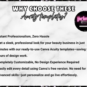 May include: A digital graphic with the text "WHY CHOOSE THESE Acuity templates?" and bullet points detailing the advantages of using Canva Acuity templates for beauty businesses. A circular logo with "princy finery" is in the upper right.