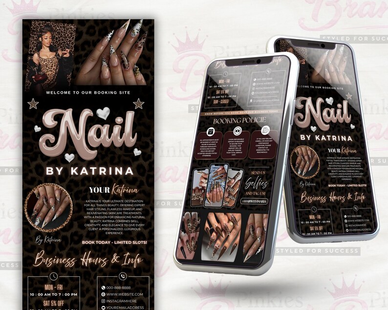 Puede incluir: Gr&aacute;fico promocional para un sal&oacute;n de u&ntilde;as, con un fondo de estampado de leopardo y el texto "Nail by Katrina". El dise&ntilde;o incluye im&aacute;genes de u&ntilde;as con manicura y un tel&eacute;fono que muestra informaci&oacute;n de reserva. Tambi&eacute;n se enumeran las horas de trabajo.
