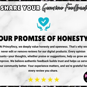 May include: A graphic with the text "SHARE YOUR Genuine Feedback" and "OUR PROMISE OF HONESTY". It features a blue heart icon and a logo. The text highlights the importance of honest feedback and the policy of not editing reviews.