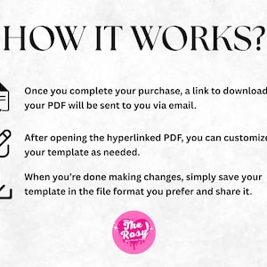 May include: An instructional graphic titled HOW IT WORKS? with three black icons. The first shows a PDF download, the second a pencil for customization, and the third a download arrow. A pink circular logo with the text The Rosy is at the bottom.