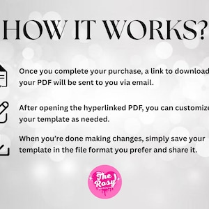 May include: A graphic with the text "HOW IT WORKS?" and instructions for downloading and customizing a PDF template. The steps include receiving a link, customizing the template, and saving the file. A pink logo with the text "The Rosy" is at the bottom.