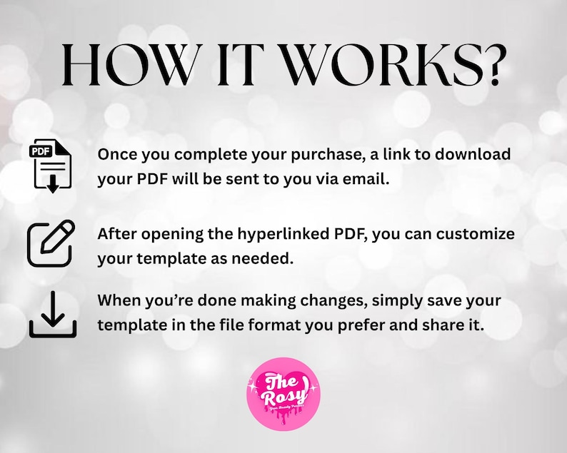 May include: A graphic with the text "HOW IT WORKS?" and instructions for downloading and customizing a PDF template. The steps include receiving a link, customizing the template, and saving the file. A pink logo with the text "The Rosy" is at the bottom.