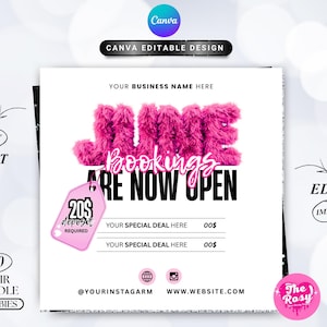 May include: A promotional graphic with the text "JUNE BOOKINGS ARE NOW OPEN" in pink and black. The design includes a pink tag with "20$ deposit required" and social media icons. The Canva logo is visible.